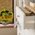 Modern White Sideboard With Glass Door Storage Drawers And Kitchen Appliances