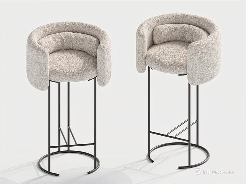 Modern Bar Stools with Light Gray Upholstered Fabric Curved Backrest and Circular Black Metal Frame 3d model 