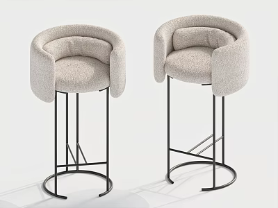 Modern Bar Stools with Light Gray Upholstered Fabric Curved Backrest and Circular Black Metal Frame 3d model