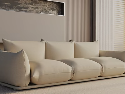 Minimalist Modern Beige Fabric Three-Seater Sofa In Living Room With Soft Cushions 3d model