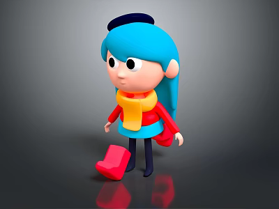 Cartoon Character With Blue Hair Black Hat And Yellow Scarf In Red Outfit 3d model