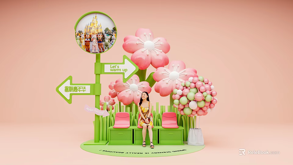 Fairy Tale Kingdom Photo Check in Spot With Pink Flowers Green Bench And Castle Signpost 3d model 