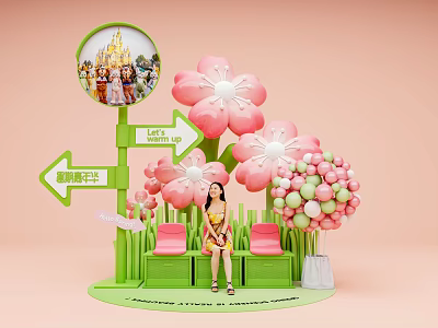 Fairy Tale Kingdom Photo Check in Spot With Pink Flowers Green Bench And Castle Signpost 3d model