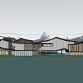 Modern Style Sales Office Building With Unique Roof Palm Trees And Water Reflection Mountain View