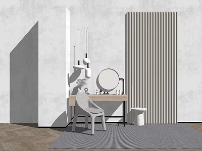 Modern Minimalist Dressing Table with Round Mirror Chair and Pendant Lights on Textured Gray Wall 3d model