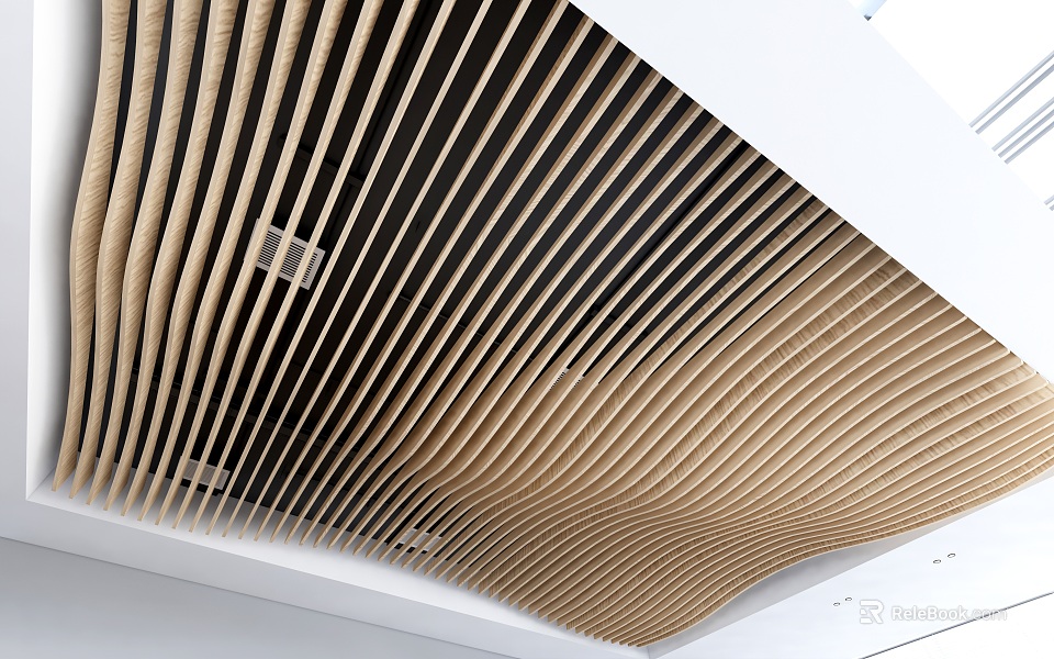 Stylish Ceiling Design With Wooden Curved Slats In Modern Space 3d model 