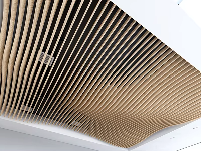 Stylish Ceiling Design With Wooden Curved Slats In Modern Space 3d model