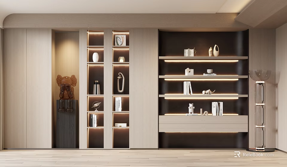 Modern Lighted Bookcase With Multiple Shelves Decorative Items Books And Clock 3d model 