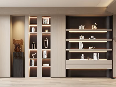Modern Lighted Bookcase With Multiple Shelves Decorative Items Books And Clock 3d model
