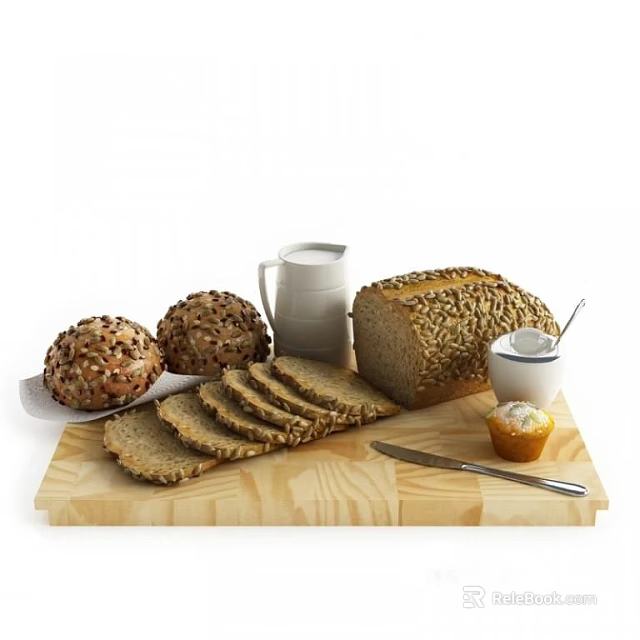Fresh Baked Bread Assortment With Whole Grain Slices Milk And Muffin On Wooden Board 3d model 
