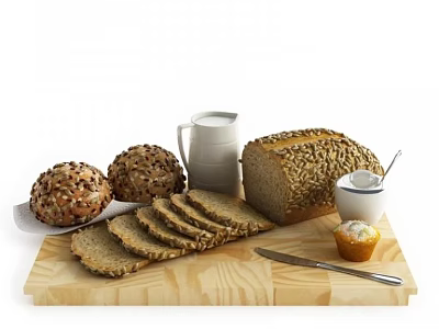 Fresh Baked Bread Assortment With Whole Grain Slices Milk And Muffin On Wooden Board 3d model