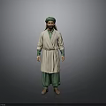 A man in green turban white robe green pants standing against gray background