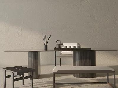 Modern Tea Table with Chairs Round Column Base and Tea Set on Light Wall Background 3d model
