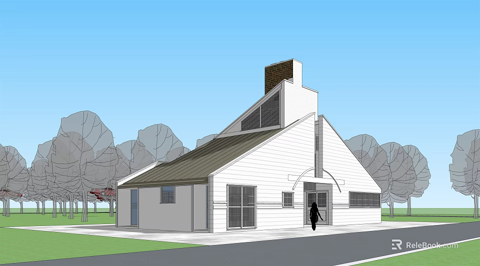 Modern Single Family House With White Exterior Sloped Roof Chimney And Green Surroundings 3d model 