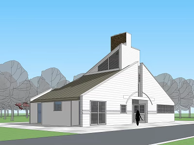 Modern Single Family House With White Exterior Sloped Roof Chimney And Green Surroundings 3d model