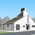 Modern Single Family House With White Exterior Sloped Roof Chimney And Green Surroundings