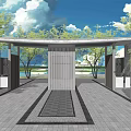 Modern Entrance Gate With Curved Roof Trees Blue Sky White Clouds Stone Wall Paved Pathway