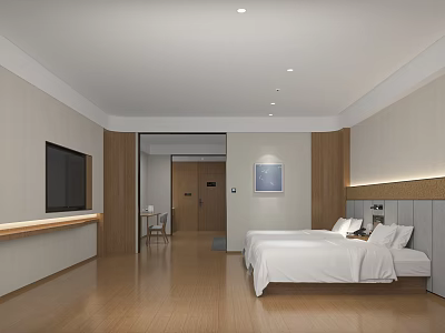 Hotel Guest Room With Simple Style White Bed Wooden Floor TV And Wall Painting Desk 3d model