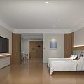 Hotel Guest Room With Simple Style White Bed Wooden Floor TV And Wall Painting Desk