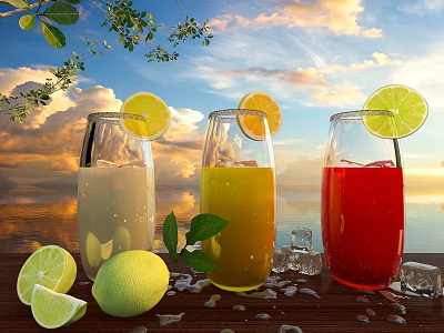 Colorful Refreshing Drinks with Lemon Lime Slices and Ice Cubes on Wooden Table at Sunset 3d model