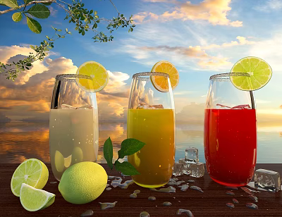 Colorful Refreshing Drinks with Lemon Lime Slices and Ice Cubes on Wooden Table at Sunset 3d model