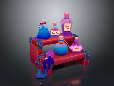 Colorful Magic Potion Bottles On Red Shelf With Labels And Small Figure 3d model