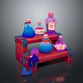 Colorful Magic Potion Bottles On Red Shelf With Labels And Small Figure