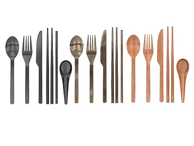 Modern Metal And Wooden Tableware Set With Spoons Forks Knives Chopsticks 3d model