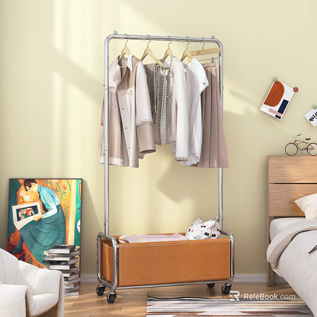 Metal Clothes Rack With Hanging Shirts Coats And Wooden Cabinet In Bedroom With Wall Art And Books 3d model 