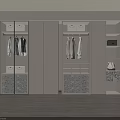 Modern Wardrobe With Hanging Clothes Patterned Drawers And Open Shelves 3d model