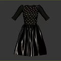 Black Dress With White Polka Dots Three Quarter Sleeves Flare Skirt Shiny Fabric Design