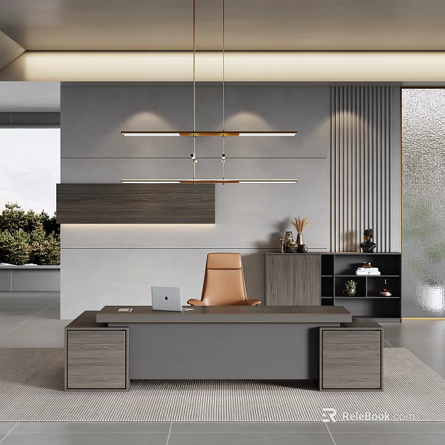 Modern Office Desk With Brown Chair Laptop Wooden Wall Panel And Pendant Light Fixture 3d model 