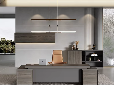 Modern Office Desk With Brown Chair Laptop Wooden Wall Panel And Pendant Light Fixture 3d model