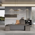 Modern Office Desk With Brown Chair Laptop Wooden Wall Panel And Pendant Light Fixture