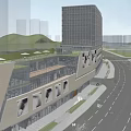 Modern Glass Facade Commercial Complex With Retail Office Spaces Urban Street Pedestrians Vehicles And Greenery