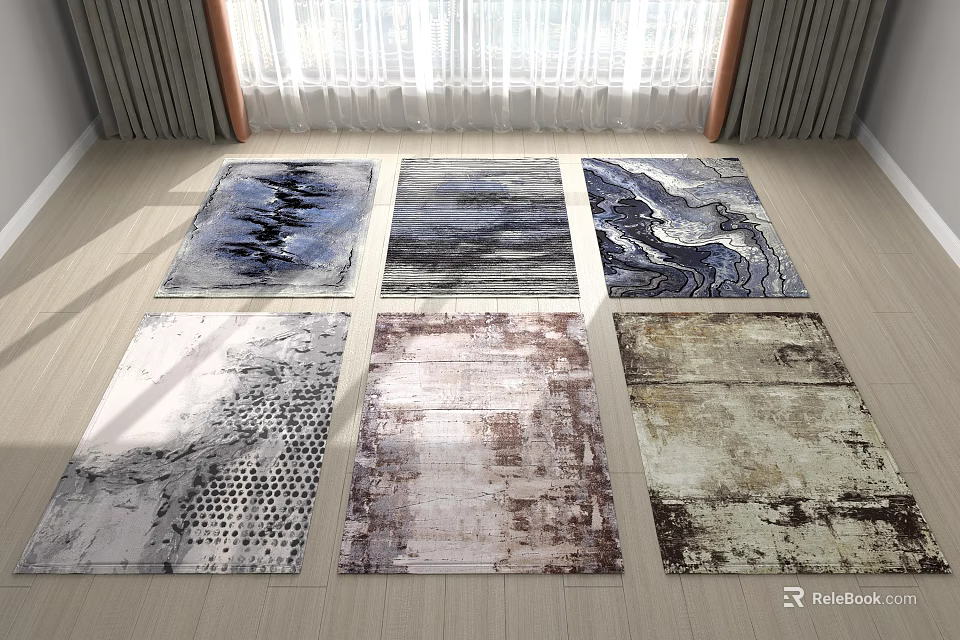 Six Square Rugs With Diverse Patterns And Colors Arranged On Room Floor By Window 3d model 