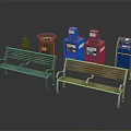 Green and Brown Outdoor Benches with Metal Frames Wooden Seats and Backrests in Urban Space