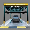 SUV Car Parked Under Covered Illuminated Carport With Blue Accent And Yellow Gray Floor