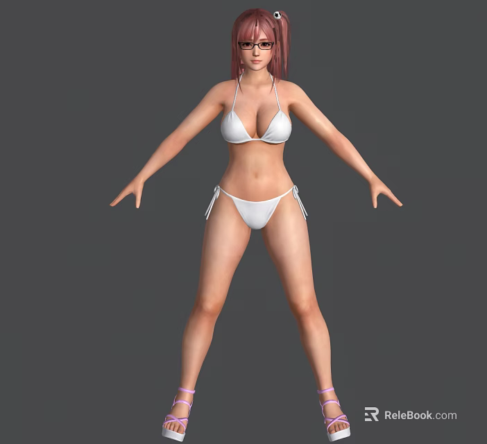 A Woman In White Bikini With Pink Hair Glasses Pink Sandals Standing On Gray Background 3d model 