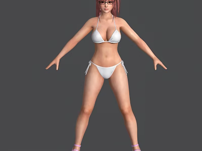 A Woman In White Bikini With Pink Hair Glasses Pink Sandals Standing On Gray Background 3d model