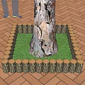 Outdoor Tree Trunk Flower Bed With Wooden Log Border Green Grass On Brick Pavement