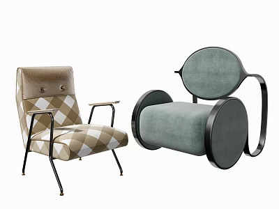 Modern Accent Chairs With Checkerboard Pattern Light Green Velvet Upholstery And Black Metal Frames 3d model