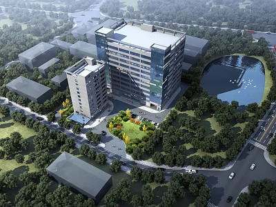 Modern Multi story Industrial Factory With Glass Curtain Wall And Water Feature Surrounded By Greenery 3d model