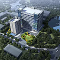 Modern Multi story Industrial Factory With Glass Curtain Wall And Water Feature Surrounded By Greenery