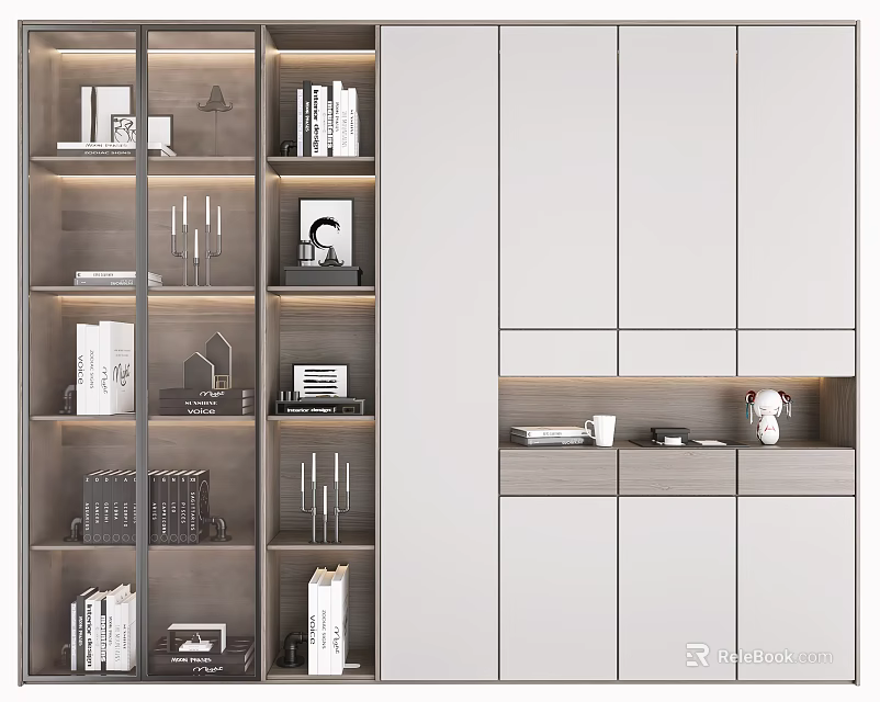 Modern Bookcase Interior With Multiple Shelves Books Decorative Items And Storage Cabinets 3d model 