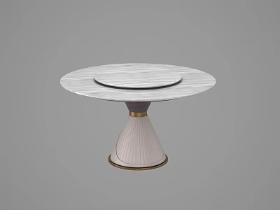 Round White Marble Dining Table With Rotating Tray And Light Pink Conical Pedestal Base 3d model
