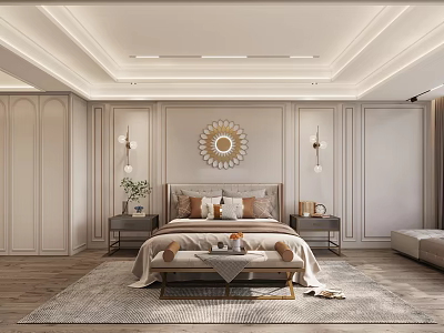 Modern Bedroom Interior Design With Circular Mirror Bedside Tables And Area Rug 3d model