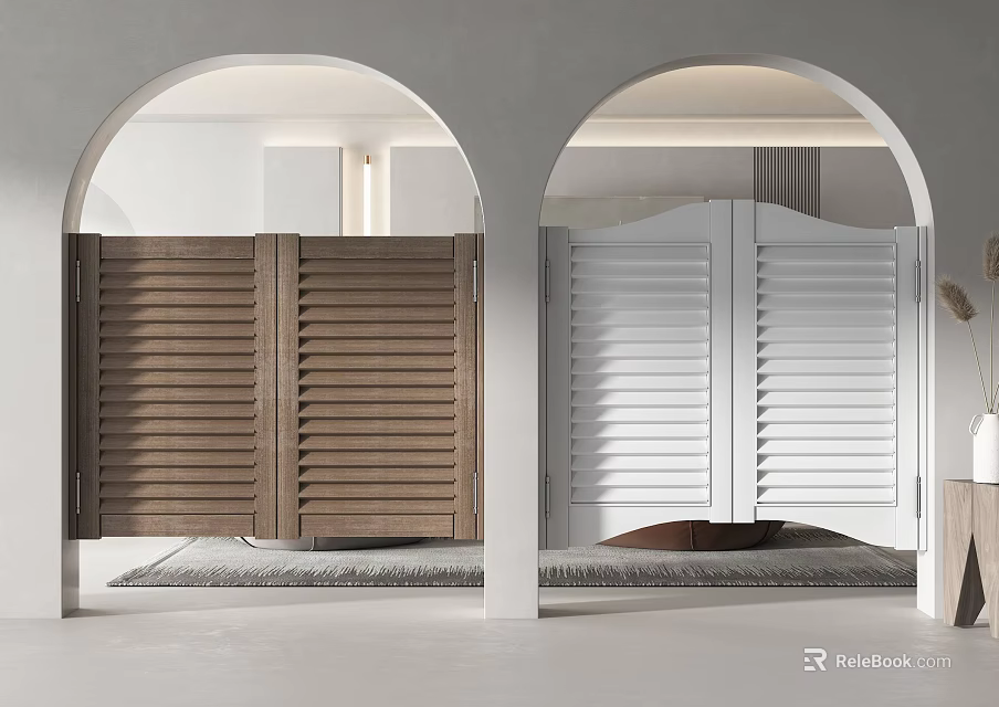 Brown And White Louvered Double Doors In Arched Framed Interior 3d model