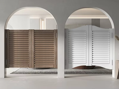 Brown And White Louvered Double Doors In Arched Framed Interior 3d model