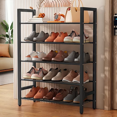 Multi Tier Metal Frame Shoe Rack Organizing Various Shoes In Modern Living Room 3d model